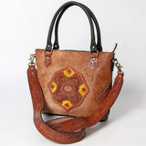 Ohlay Genuine Leather Hair-On Cowhide Sunflower Hand-Tooled Tote Bag
