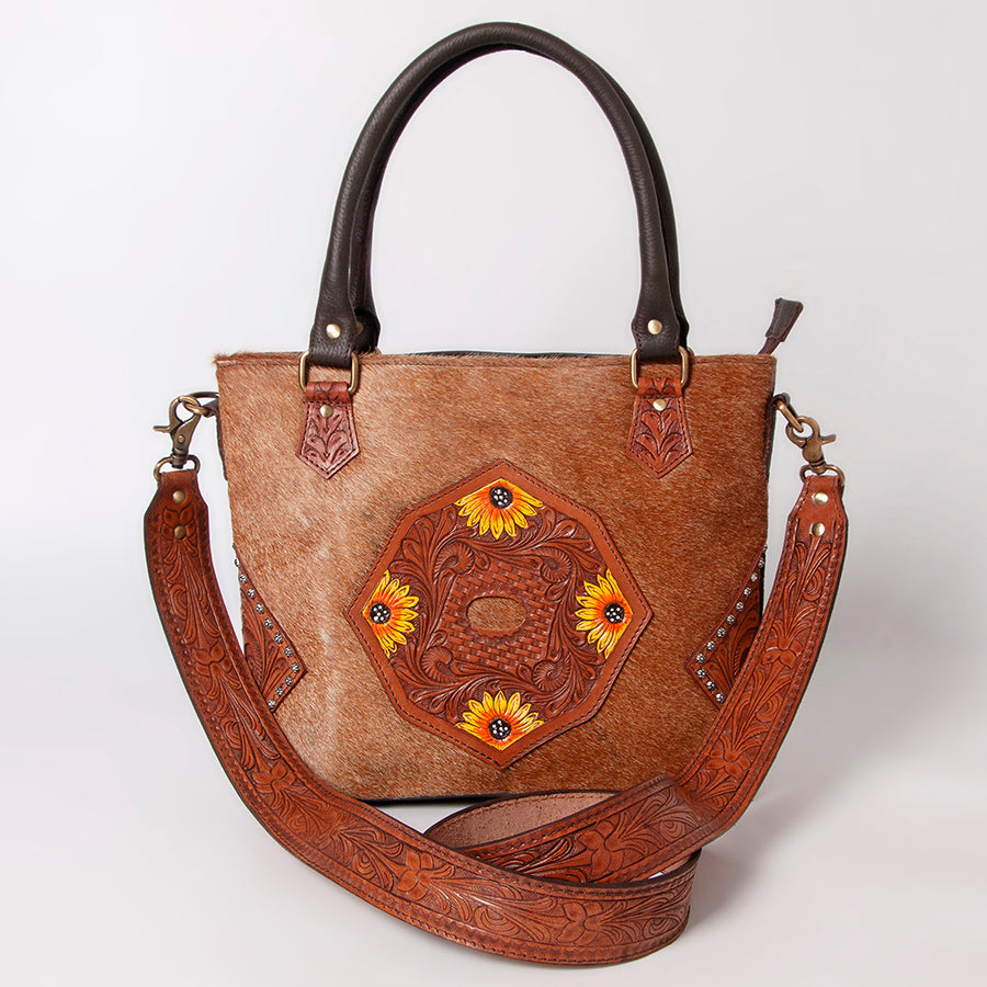 Ohlay Genuine Leather Hair-On Cowhide Sunflower Hand-Tooled Tote Bag