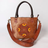 Ohlay Genuine Leather Hair-On Cowhide Sunflower Hand-Tooled Tote Bag