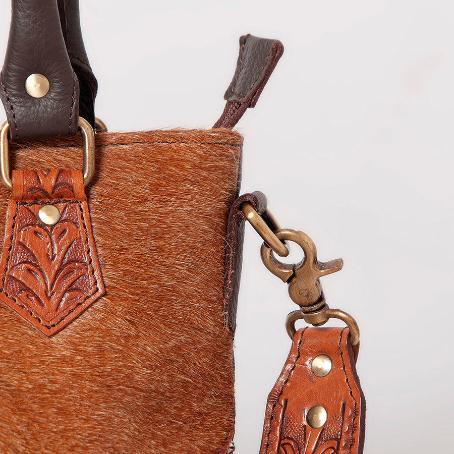 Ohlay Genuine Leather Hair-On Cowhide Sunflower Hand-Tooled Tote Bag
