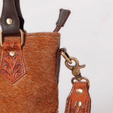 Ohlay Genuine Leather Hair-On Cowhide Sunflower Hand-Tooled Tote Bag