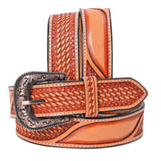 Hilason Hand-Tooled Basket Weave Leather Belt – Western Style with Engraved Buckle Tan