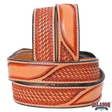 Hilason Hand-Tooled Basket Weave Leather Belt – Western Style with Engraved Buckle Tan