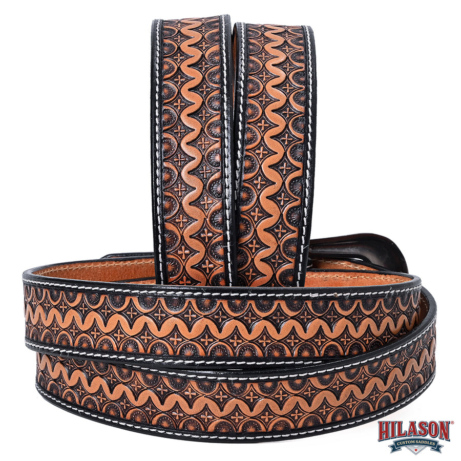 Hilason Hand-Tooled Western Leather Belt – Embossed Pattern with Engraved Buckle