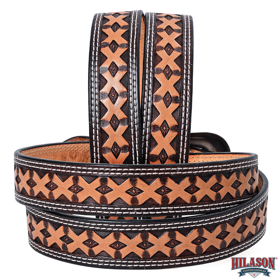 Hilason Hand-Tooled Western Leather Belt – Embossed Pattern with Engraved Buckle