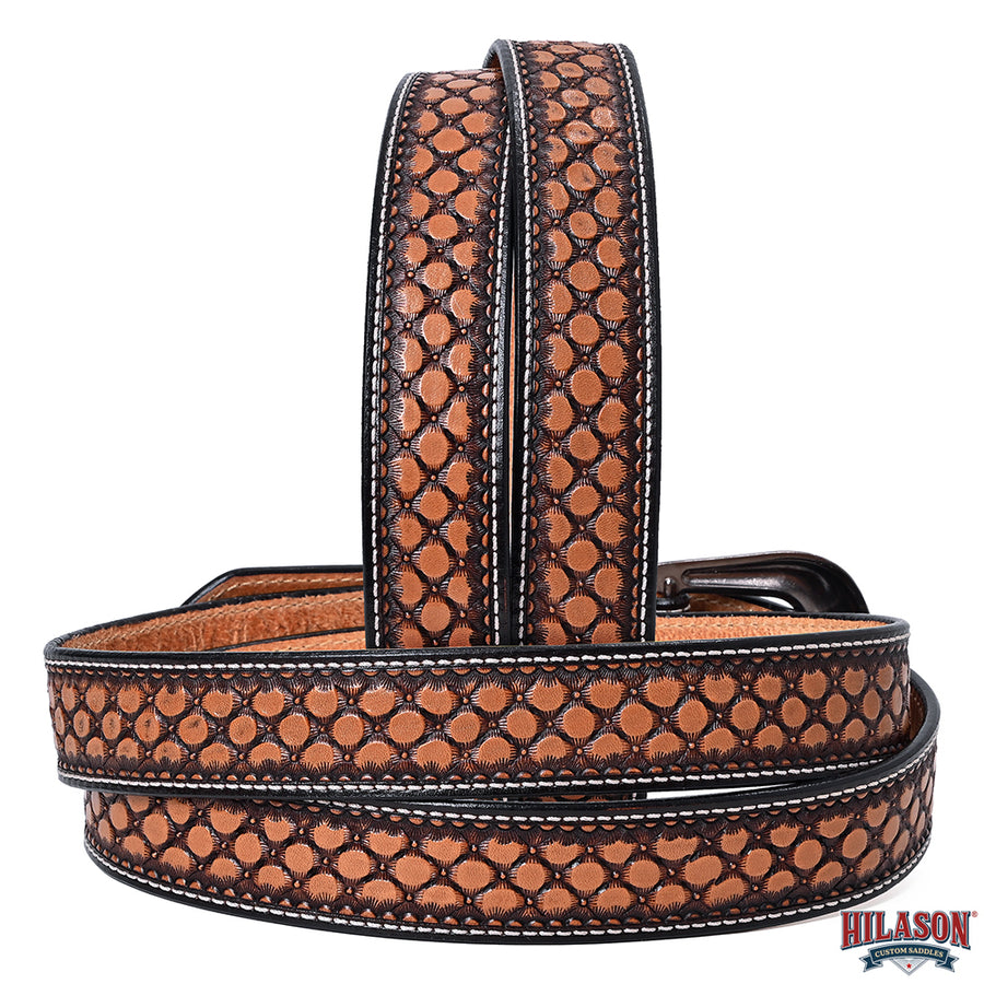 Hilason Hand-Tooled Western Leather Belt – Embossed Pattern with Engraved Buckle