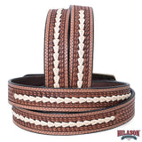 Hilason Hand-Tooled Basket Weave Leather Belt – Western Style with Engraved Buckle Tan