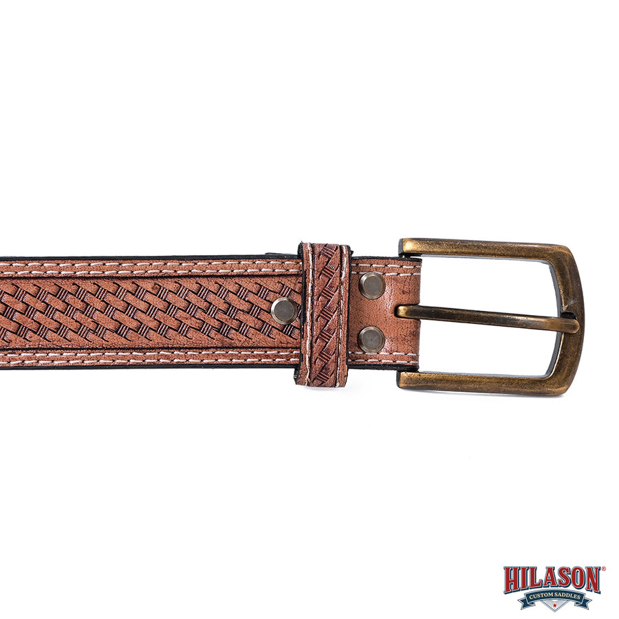 Hilason Hand-Tooled Basket Weave Leather Belt – Western Style with Engraved Buckle Tan