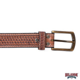 Hilason Hand-Tooled Basket Weave Leather Belt – Western Style with Engraved Buckle Tan