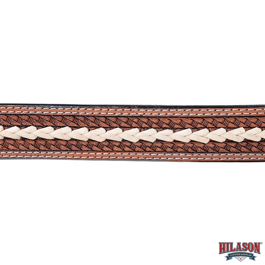 Hilason Hand-Tooled Basket Weave Leather Belt – Western Style with Engraved Buckle Tan