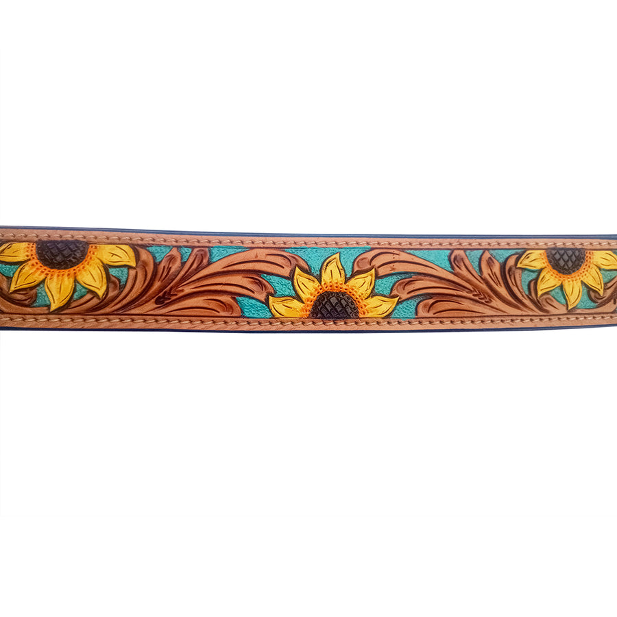 HILASON Western Genuine Leather Heavy Duty Dog Collar SunFlower Tooled Tan Medium