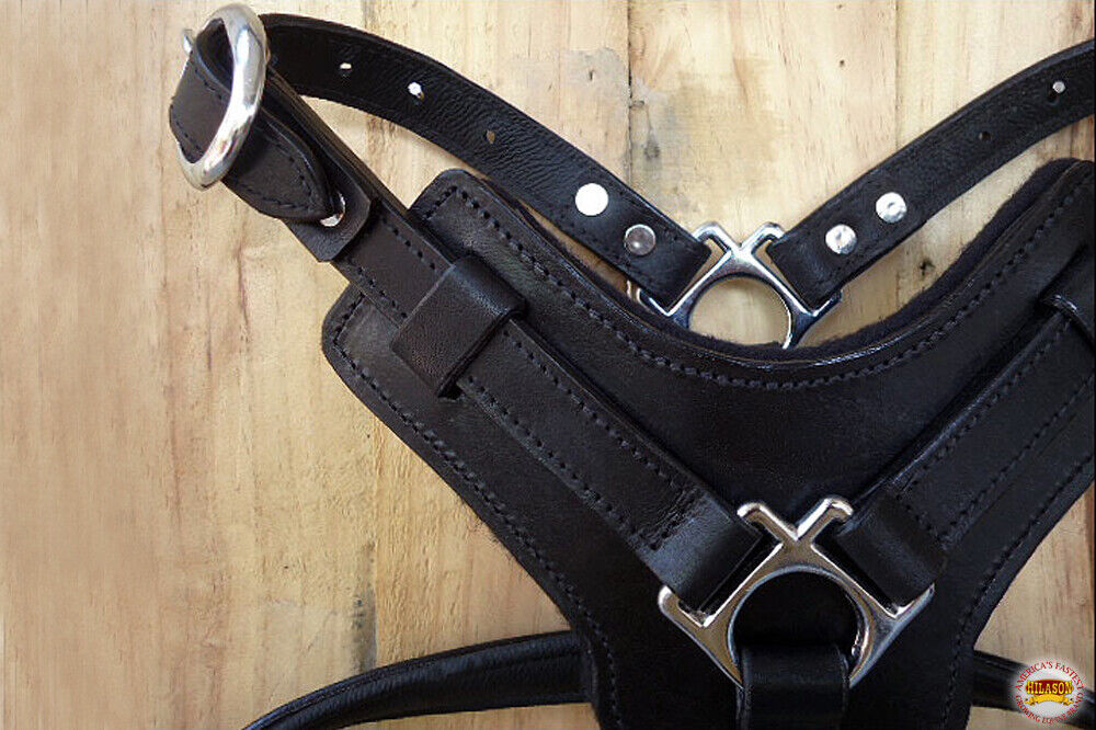 Large Leather Dog Harness Black Padded Genuine Matching Leash Hilason