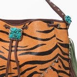 American Darling Western Hobo Bag, Hair-On Cowhide Full Grain Leather with Fringes and Rivets, Handcrafted Boho Purse