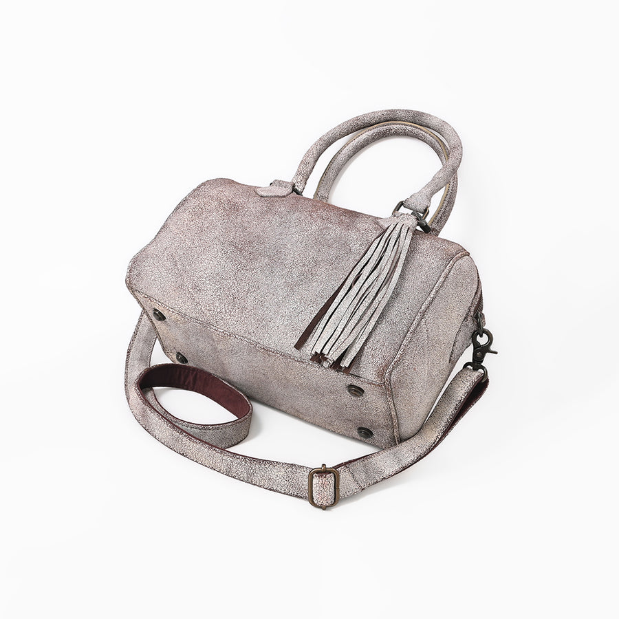 Never Mind Leather Speedy Bag Distressed Grey Barrel Crossbody Handbag
