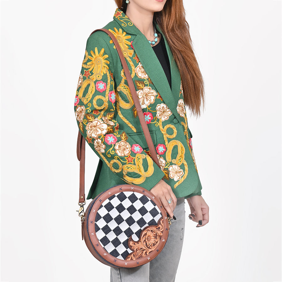 Ohlay Round Western Canteen Bag for Women, Hand Tooled Genuine Leather Purse