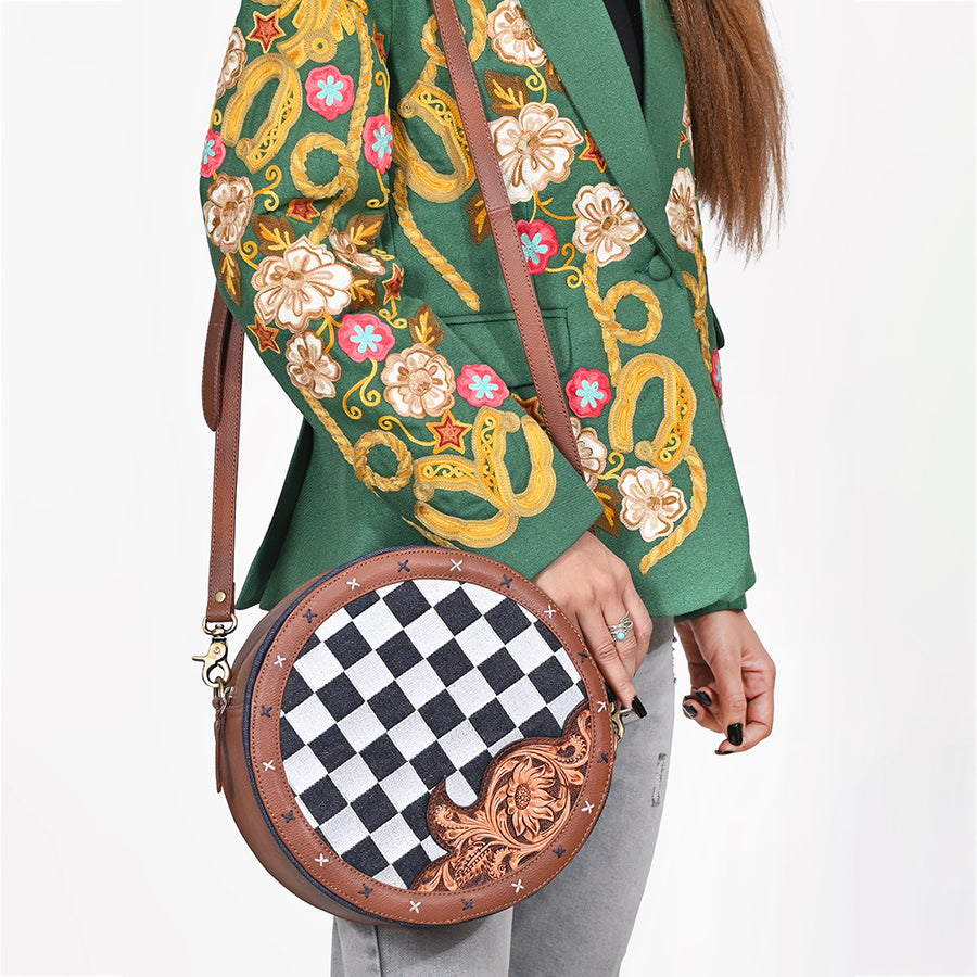 Ohlay Round Western Canteen Bag for Women, Hand Tooled Genuine Leather Purse