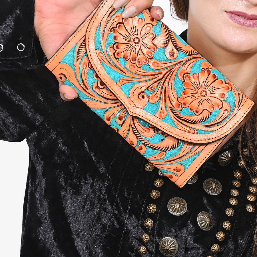 OHLAY Wallet Hand Tooled Genuine Leather Women Bag Western Handbag Purse | Womens Handbags |Leather Belt for Summer