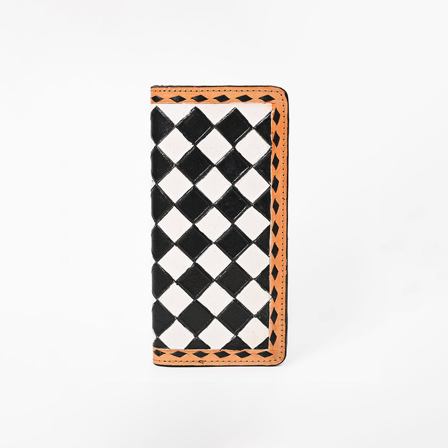 Ohlay Genuine Western Leather Checkerboard Wallet Long Continental Purse