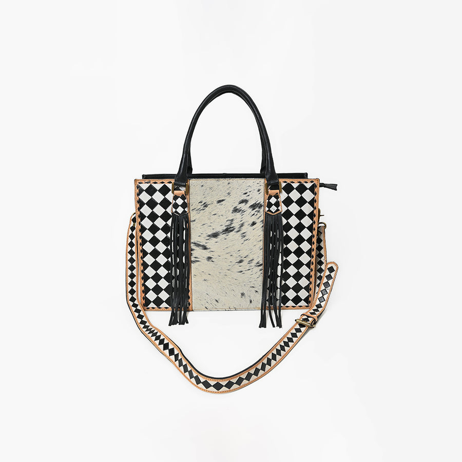 Ohlay Tote Hair-On Leather Checkerboard Western Handbag Fringe Shoulder Bag