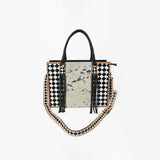 Ohlay Tote Hair-On Leather Checkerboard Western Handbag Fringe Shoulder Bag