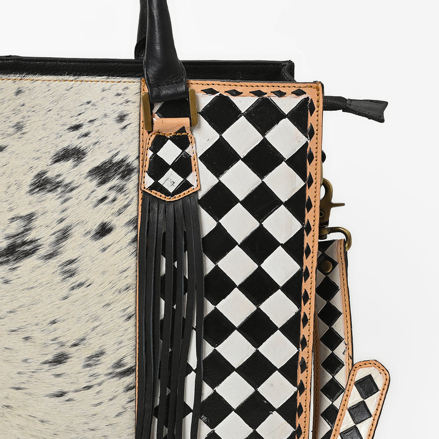 Ohlay Tote Hair-On Leather Checkerboard Western Handbag Fringe Shoulder Bag