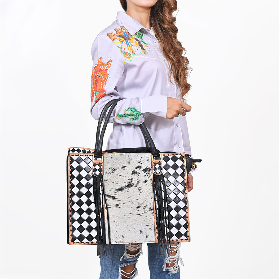 Ohlay Tote Hair-On Leather Checkerboard Western Handbag Fringe Shoulder Bag