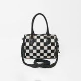 American Darling Hair-On Hide Satchel Bag for Women, Checkered Leather Handbag with Braided Crossbody Strap Black & White