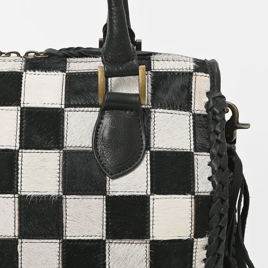American Darling Hair-On Hide Satchel Bag for Women, Checkered Leather Handbag with Braided Crossbody Strap Black & White