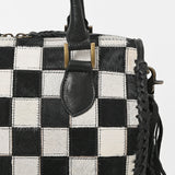 American Darling Hair-On Hide Satchel Bag for Women, Checkered Leather Handbag with Braided Crossbody Strap Black & White