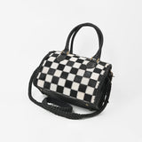 American Darling Hair-On Hide Satchel Bag for Women, Checkered Leather Handbag with Braided Crossbody Strap Black & White