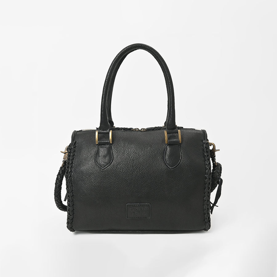 American Darling Hair-On Hide Satchel Bag for Women, Checkered Leather Handbag with Braided Crossbody Strap Black & White