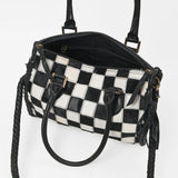 American Darling Hair-On Hide Satchel Bag for Women, Checkered Leather Handbag with Braided Crossbody Strap Black & White