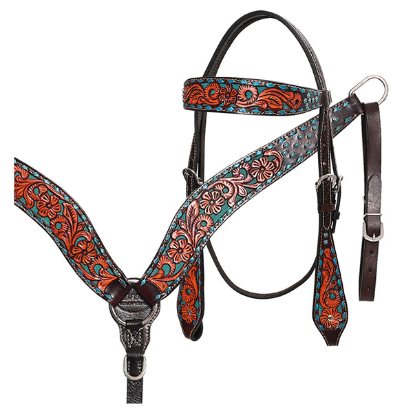 Hilason Horse Floral Hand Carved American Leather Breast Collar Headstall Brown - Uhorse