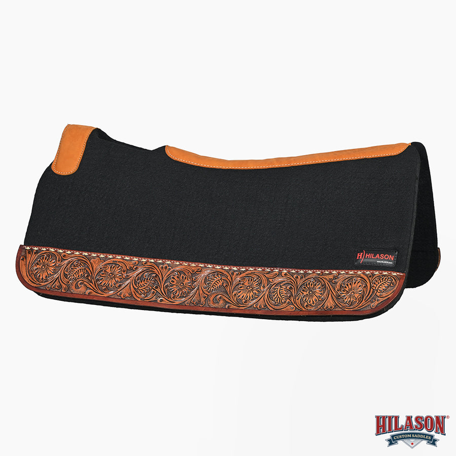 HILASON Western Wool Felt Horse Saddle Pad W/ Hand Tooled Distressed Wear Leather | for Horses