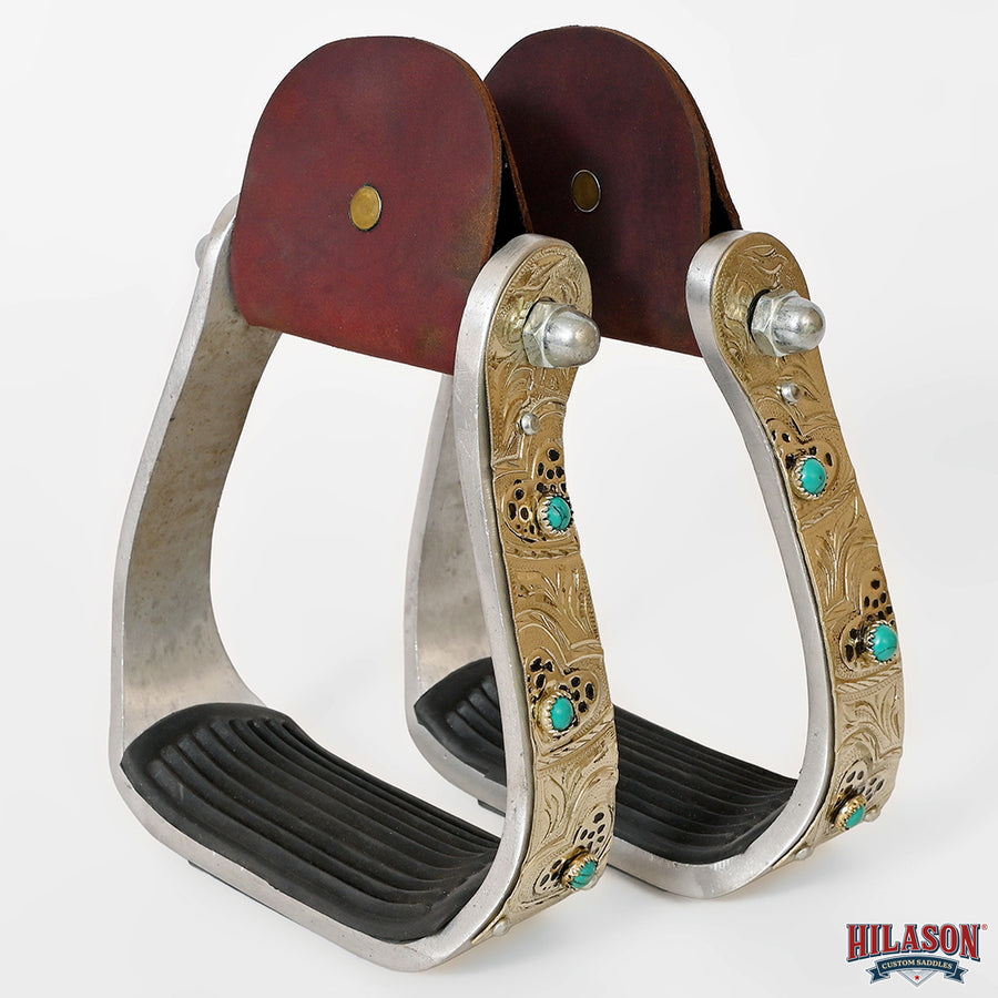HILASON Western Engraved Aluminum Saddle Stirrup Stirrups Pair Engraved Brass Turquoise Inlay Rubber Tread
