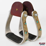 HILASON Western Engraved Aluminum Saddle Stirrup Stirrups Pair Engraved Brass Turquoise Inlay Rubber Tread