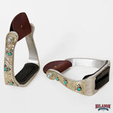 HILASON Western Engraved Aluminum Saddle Stirrup Stirrups Pair Engraved Brass Turquoise Inlay Rubber Tread