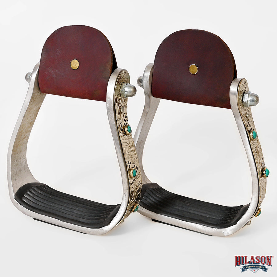 HILASON Western Engraved Aluminum Saddle Stirrup Stirrups Pair Engraved Brass Turquoise Inlay Rubber Tread