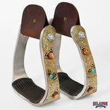 HILASON Saddle Stirrup Stirrups Pair Western Engraved Aluminum Brass Overlays Turquoise Inlays Rubber Treads