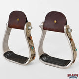 HILASON Saddle Stirrup Stirrups Pair Western Engraved Aluminum Brass Overlays Turquoise Inlays Rubber Treads