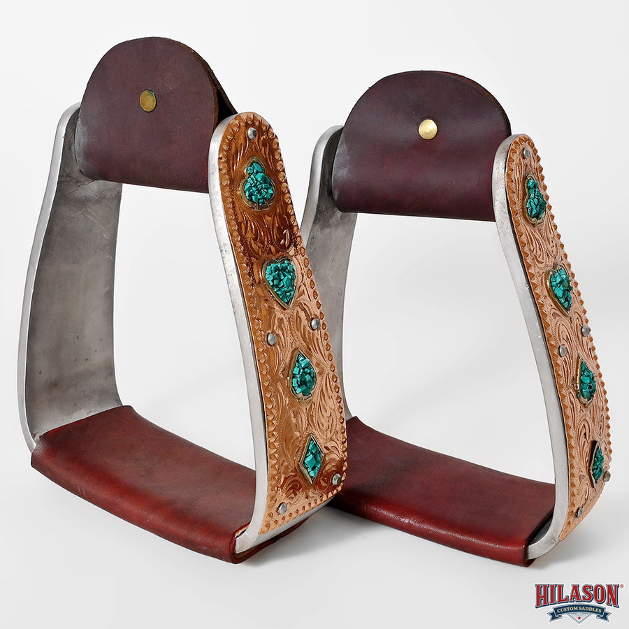 HILASON Saddle Stirrup Stirrups Pair Engraved Copper Card Suits Turquoise Chip Inlay Leather Treads