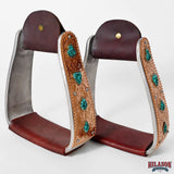 HILASON Saddle Stirrup Stirrups Pair Engraved Copper Card Suits Turquoise Chip Inlay Leather Treads