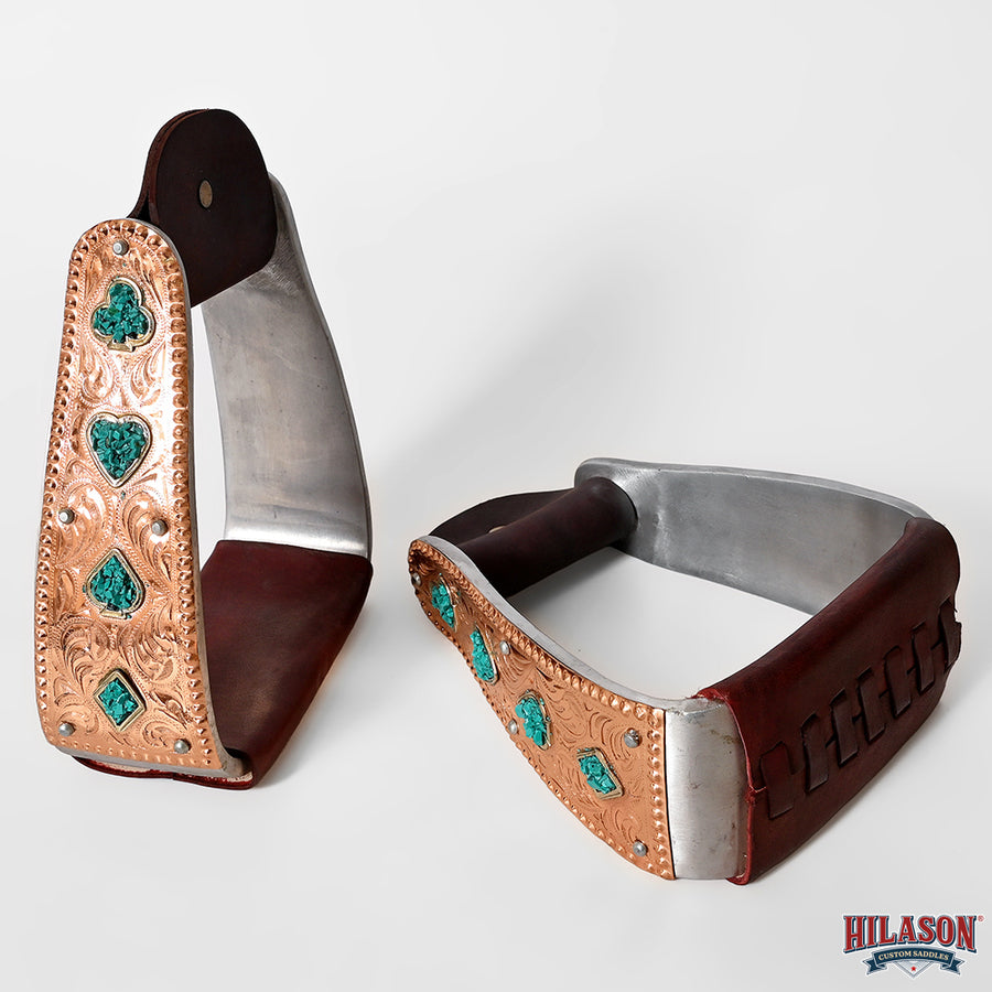 HILASON Saddle Stirrup Stirrups Pair Engraved Copper Card Suits Turquoise Chip Inlay Leather Treads