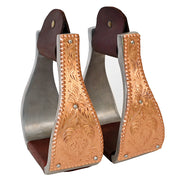 HILASON Saddle Stirrup Stirrups Pair Western Engraved Copper Floral Overlays Leather Treads Aluminum Pair