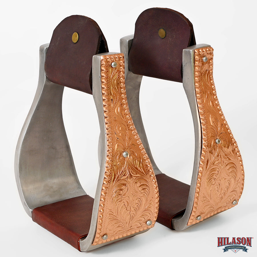 HILASON Saddle Stirrup Stirrups Pair Western Engraved Copper Floral Overlays Leather Treads Aluminum Pair