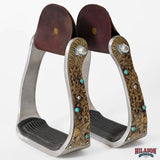 HILASON Western Saddle Stirrup Stirrups Pair Engraved Antique Brass Sunflower Turquoise Inlay Rubber Tread Pair