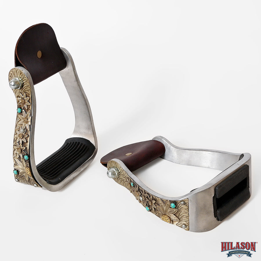 HILASON Western Saddle Stirrup Stirrups Pair Engraved Antique Brass Sunflower Turquoise Inlay Rubber Tread Pair