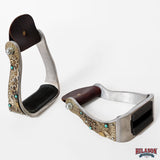 HILASON Western Saddle Stirrup Stirrups Pair Engraved Antique Brass Sunflower Turquoise Inlay Rubber Tread Pair