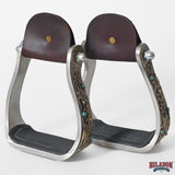 HILASON Western Saddle Stirrup Stirrups Pair Engraved Antique Brass Sunflower Turquoise Inlay Rubber Tread Pair