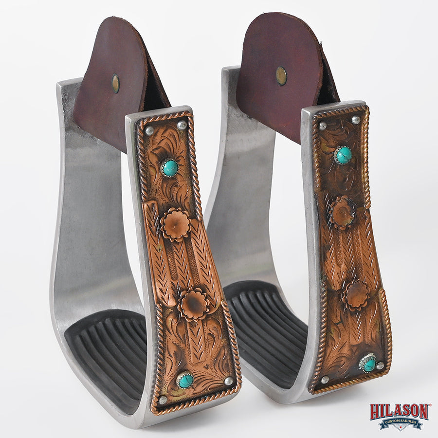 HILASON Western Saddle Stirrup Stirrups Pair Engraved Copper Flower Concho Turquoise Inlay Rubber Tread Pair